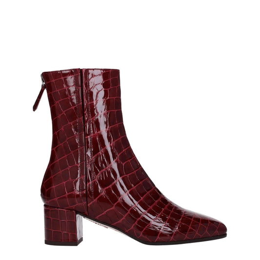 Aquazzura Red Leather Ankle Boots with crocodile print, square toe, and mid heels.