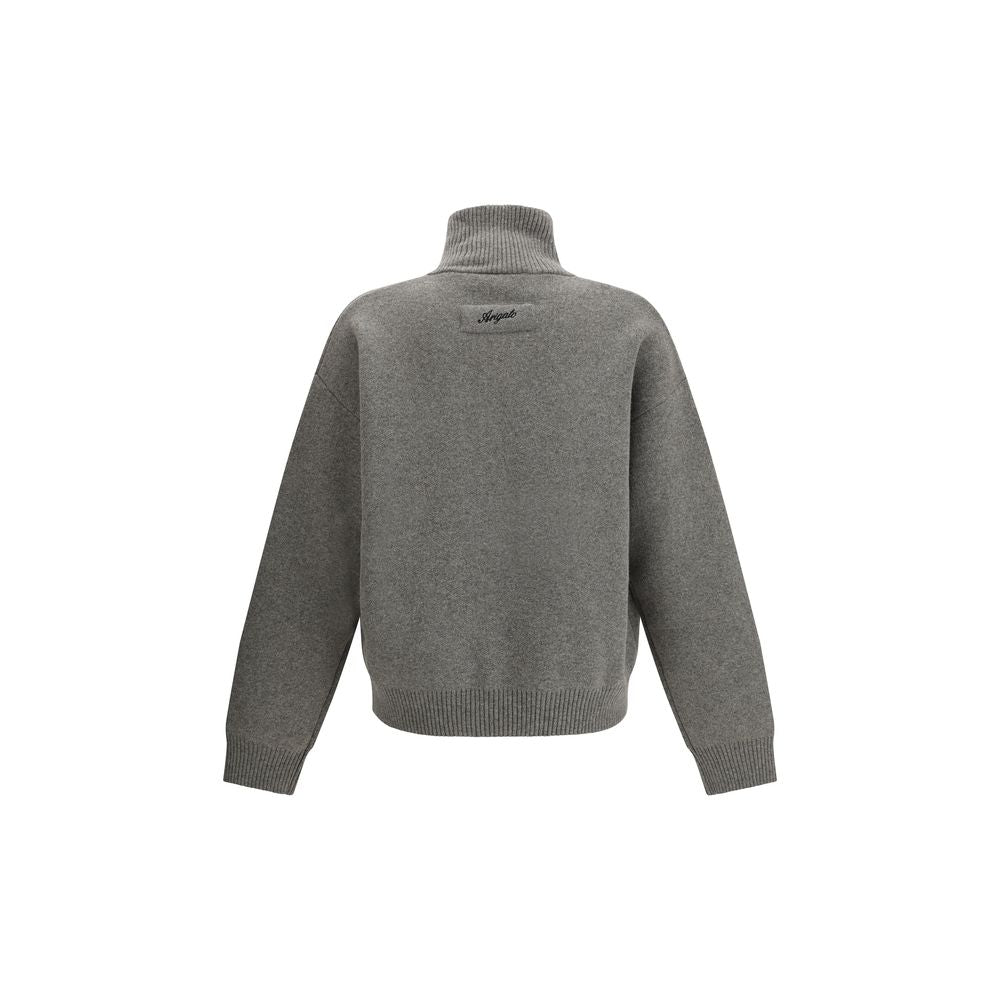Back view of Axel Arigato Core zip-up Cardigan in grey with high collar and ribbed trims, showcasing contemporary style and comfort.