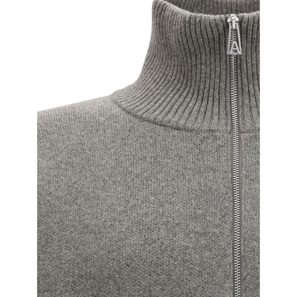 Close-up of Axel Arigato Core zip-up Cardigan in grey wool blend with high collar and zip detail.