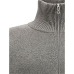 Close-up of Axel Arigato Core zip-up Cardigan in grey wool blend with high collar and zip detail.