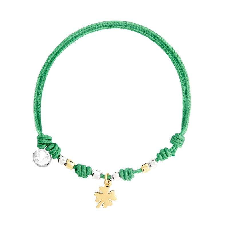 Green cord bracelet with gold and silver accents, featuring BRACCIALI DODO MOD. DBC4005PADQDVE0OA design and clover charm.