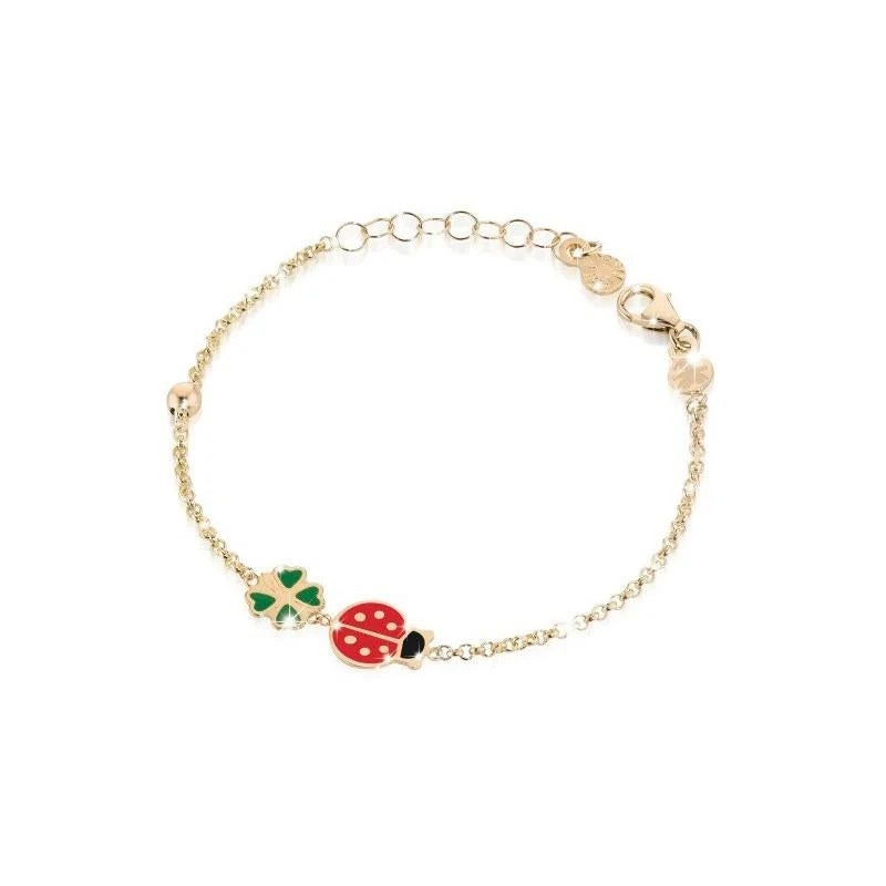 Alt Tag: BRACCIALI LE BEBE MOD. PMG032 bracelet featuring a ladybug and clover charm on a delicate gold chain.