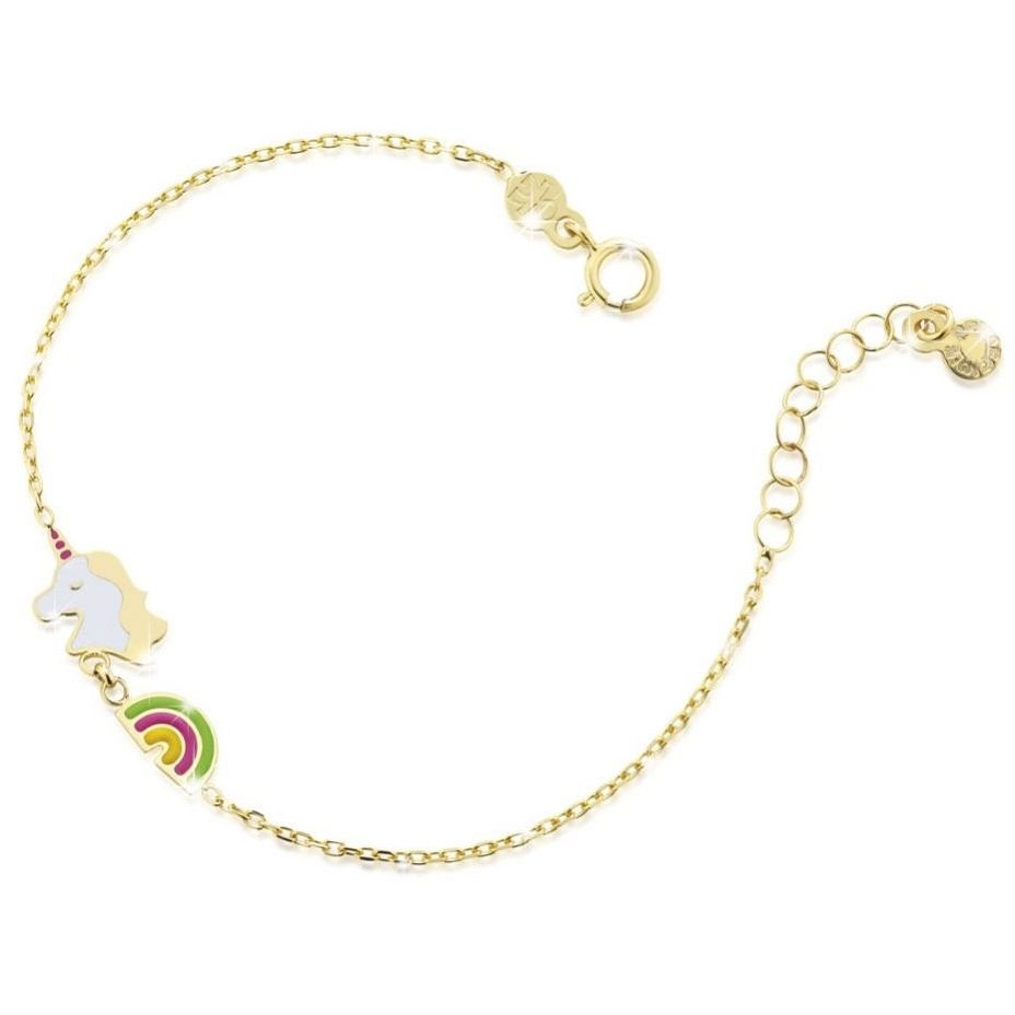 BRACCIALI LE BEBE MOD. PMG073 gold bracelet with unicorn and rainbow charm design.