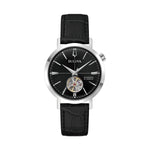 BULOVA Mod. AEROJET AUTOMATIC watch with black dial and leather strap, showcasing a sleek and modern design.