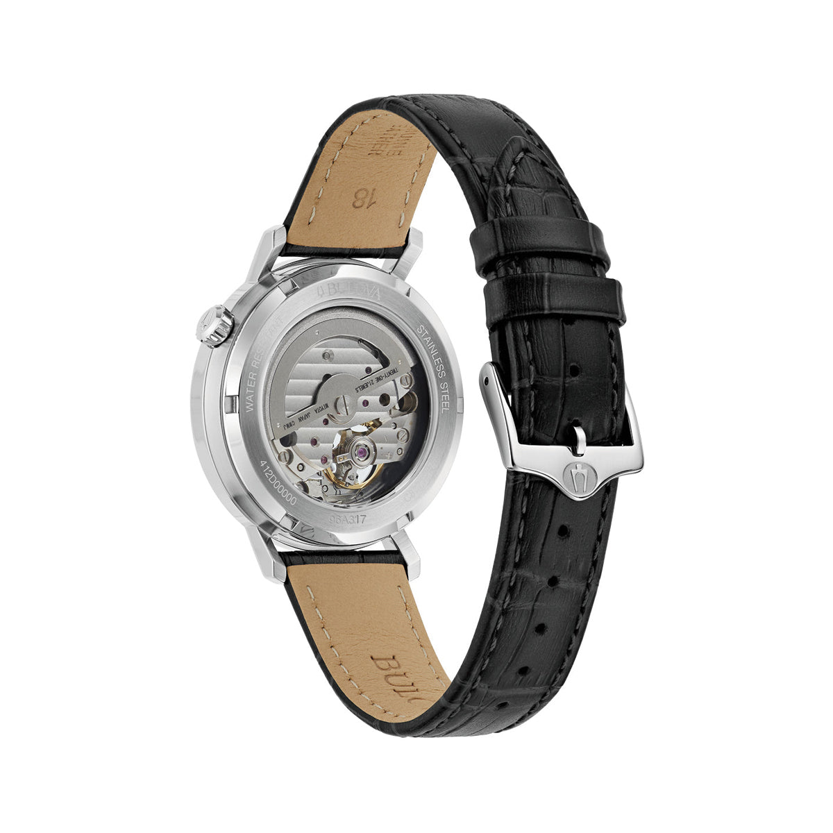 BULOVA Mod. AEROJET AUTOMATIC watch back view showcasing automatic movement and black leather strap.