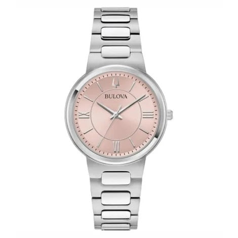 Alt Tag: BULOVA Mod. CLASSIC ELEGANT watch with silver bracelet and pink dial, showcasing timeless elegance.