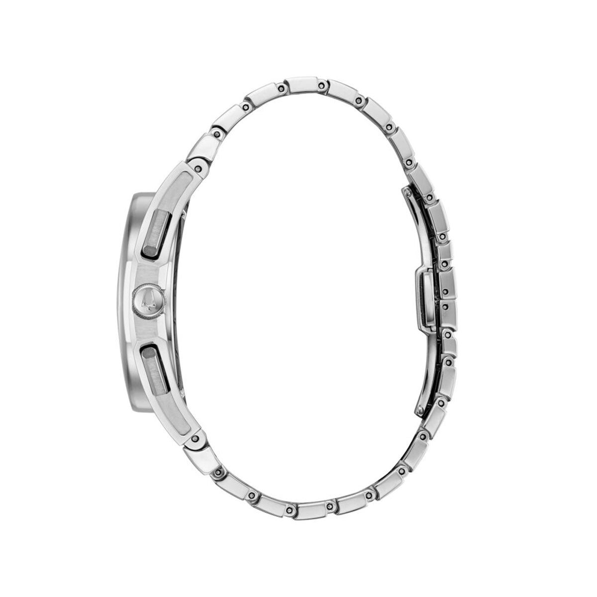 Side view of BULOVA Mod. CURV luxury watch showcasing sleek silver design and thin profile.