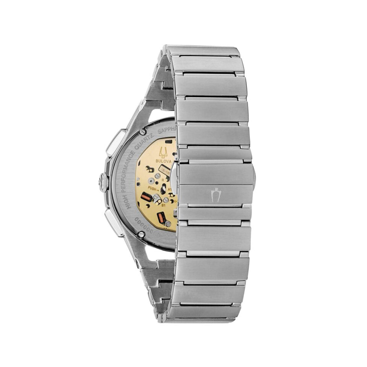 Back view of BULOVA Mod. CURV watch showcasing intricate mechanics and silver stainless steel bracelet.