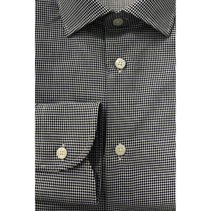 Baldinini Trend Blue Cotton Men Shirt with fine checkered pattern, tailored fit and buttoned cuffs for a sharp, stylish look.