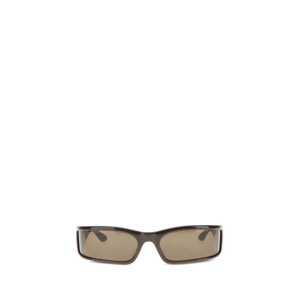 Balenciaga Brown Acetate Sunglasses with rectangular design and metallic logo details on temples, featuring bio nylon lenses for sustainability.