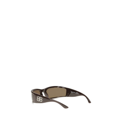 Balenciaga Brown Acetate Sunglasses with metallic logo details and bio nylon lenses, showcasing a rectangular contemporary design.