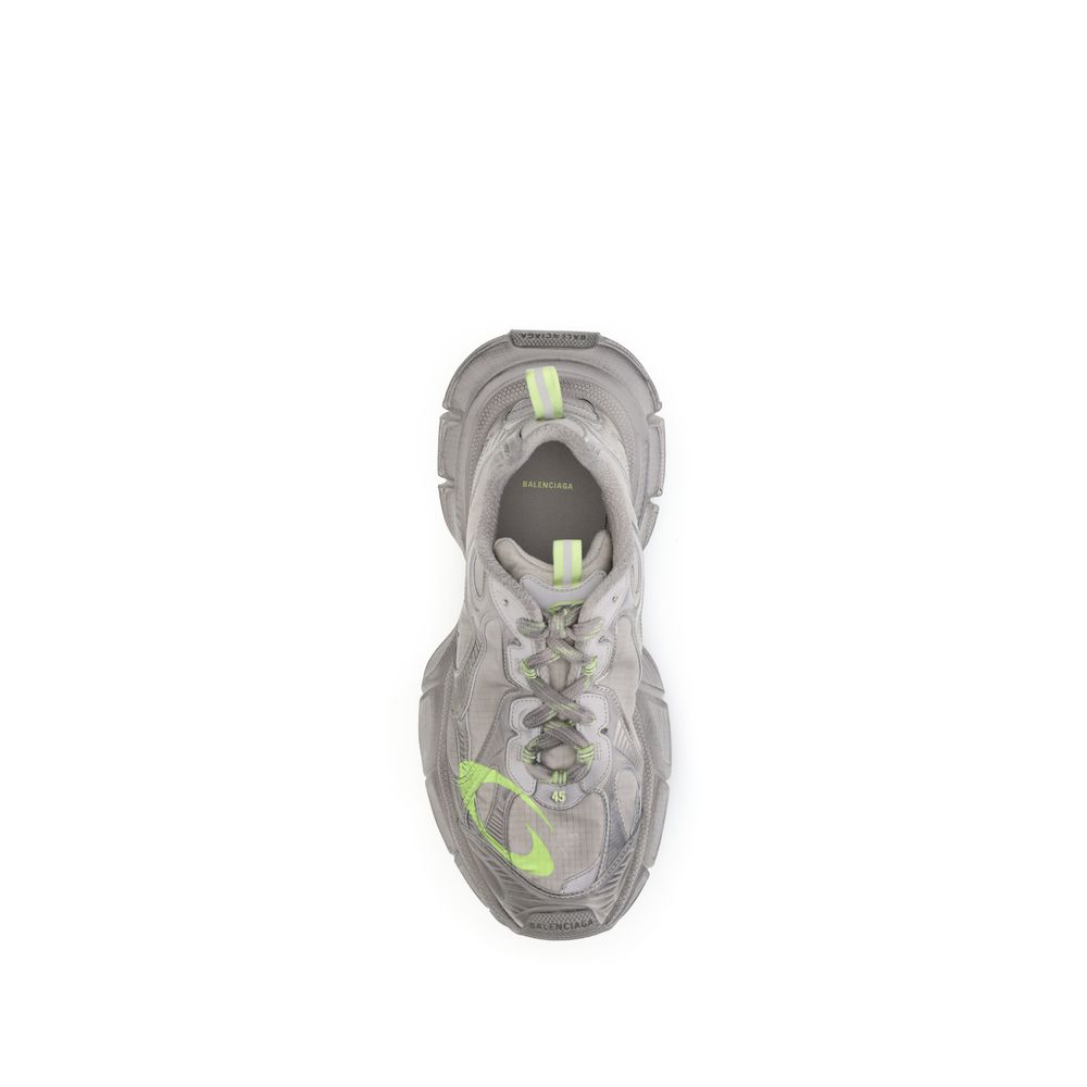 Balenciaga Gray Polyester Athletic Sneakers top view with taupe mesh, neon yellow accents, and logo detailing on toe and heel.