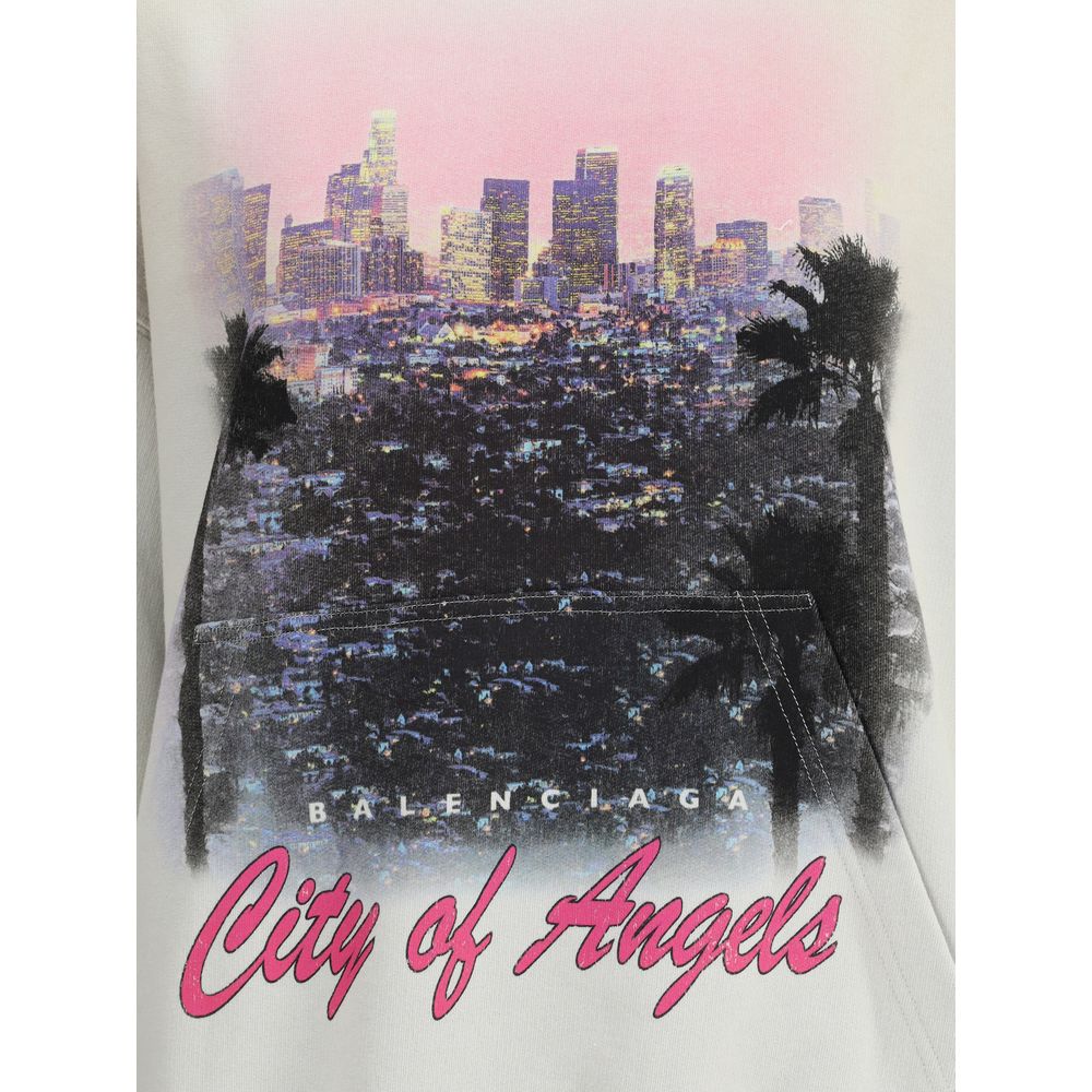 Balenciaga White Cotton Sweatshirt featuring "City of Angels" print and urban skyline in pink and black design.