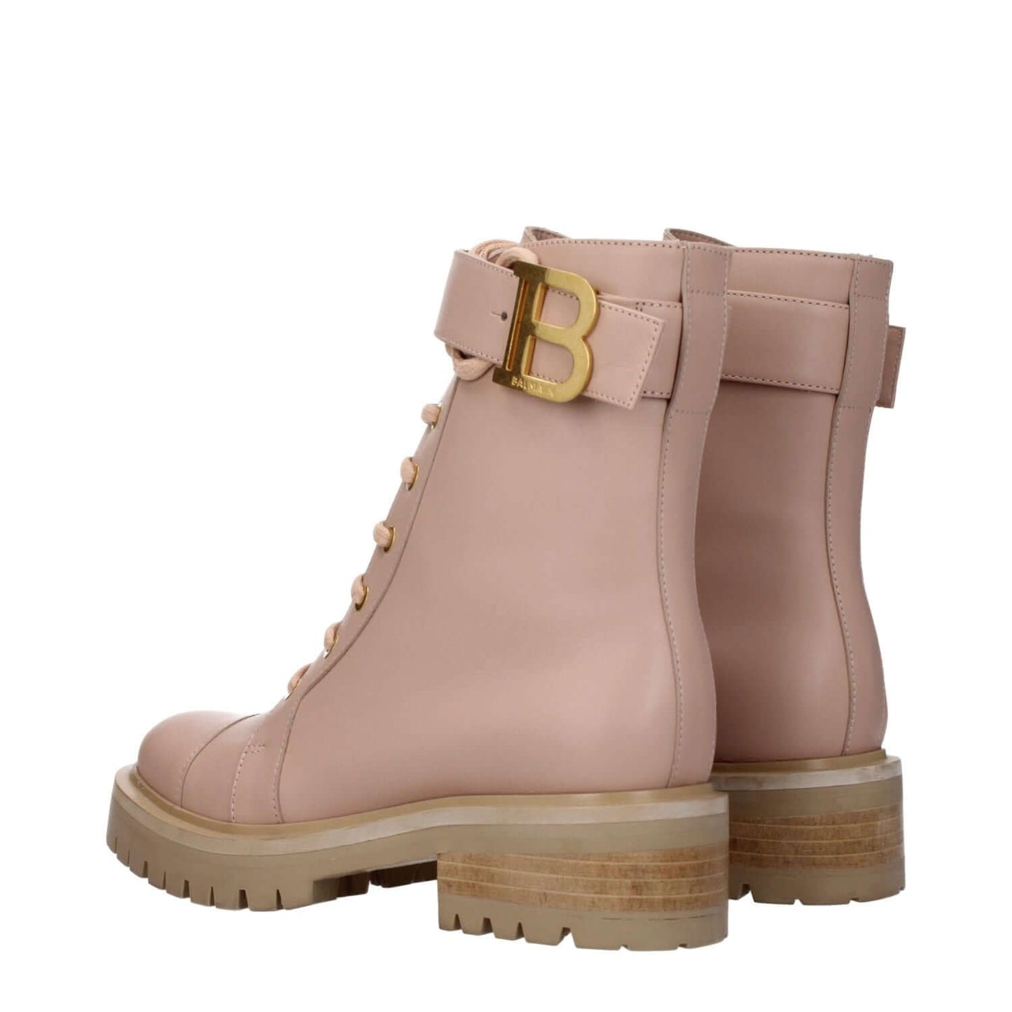 Balmain Beige Leather Ankle Boots with side logo, lace-up closure, round toe, mid heels, and rubber sole.