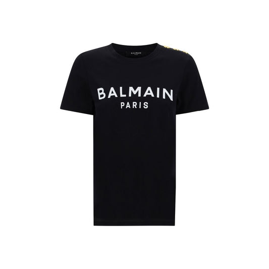 Balmain Black Cotton T-Shirt with monogram, ribbed crew neck, regular fit, embossed shoulder buttons, elegant and minimal design.