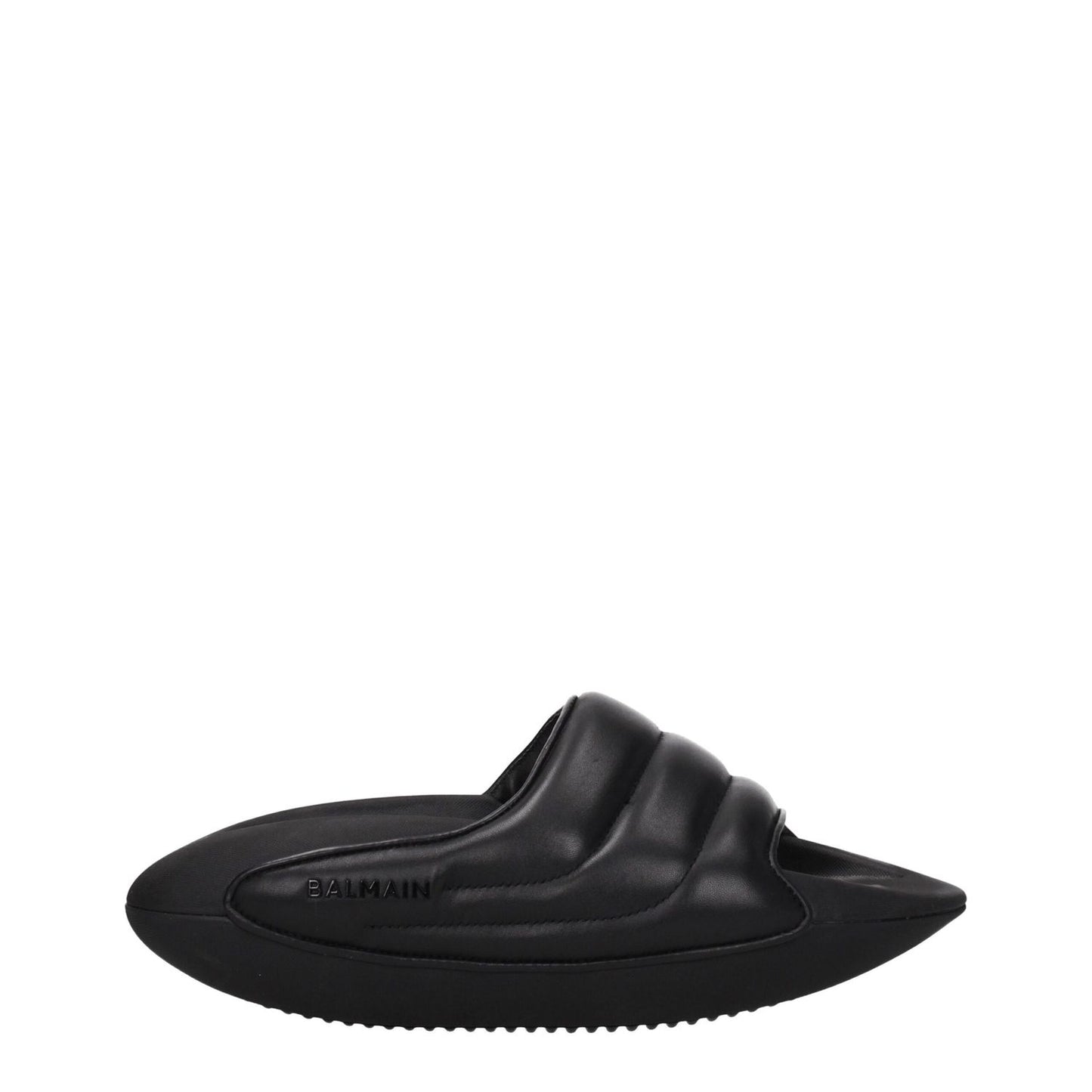 Balmain Black Leather Slippers with side logo, open toe and mid heels, made of leather with rubber sole, MPN VL299LPQP0PA.