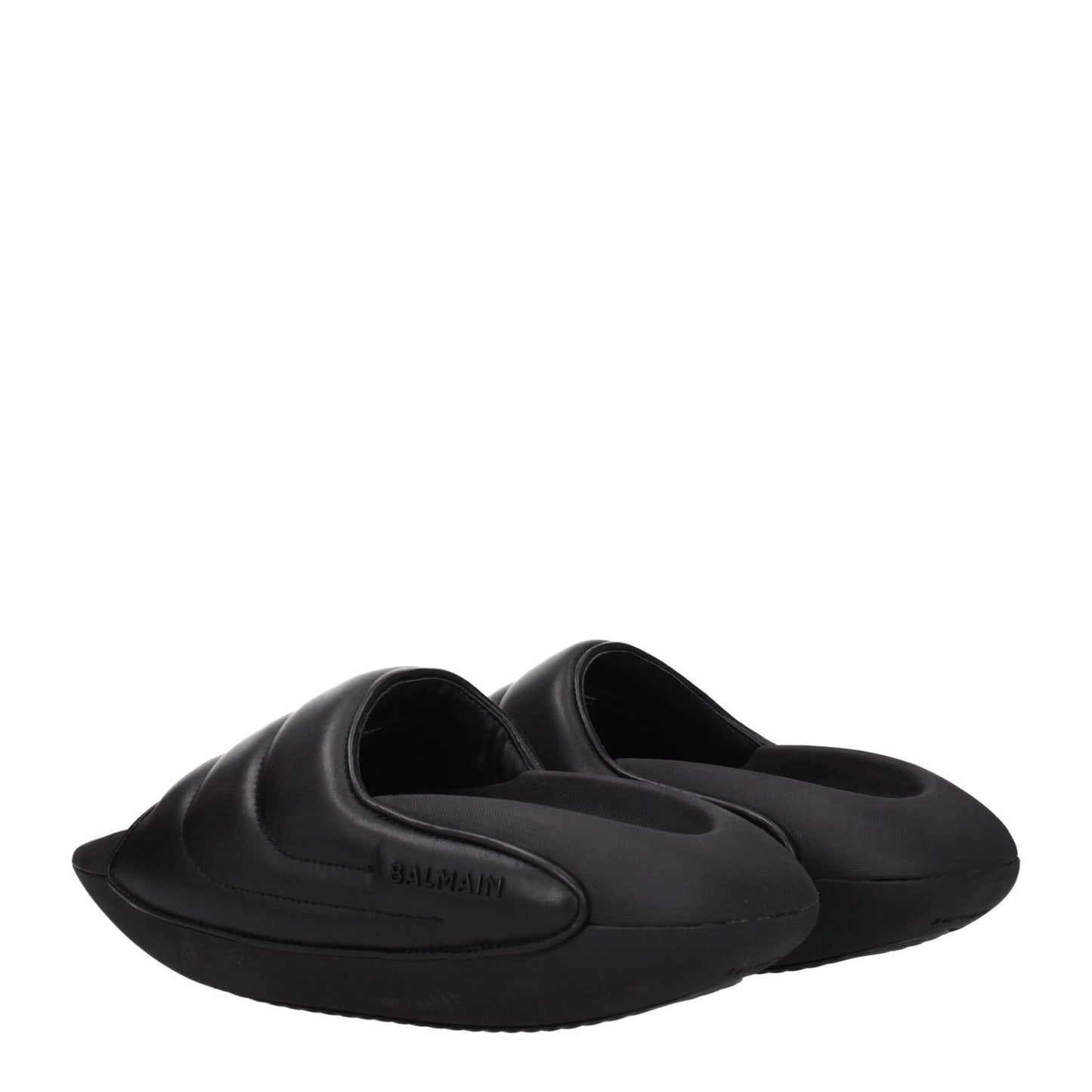 Balmain Black Leather Slippers with open toe, mid heels, and side logo, featuring rubber sole, style casual, MPN VL299LPQP0PA.