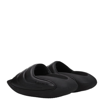 Balmain Black Leather Slippers with open toe, mid heels, and side logo, featuring rubber sole, style casual, MPN VL299LPQP0PA.