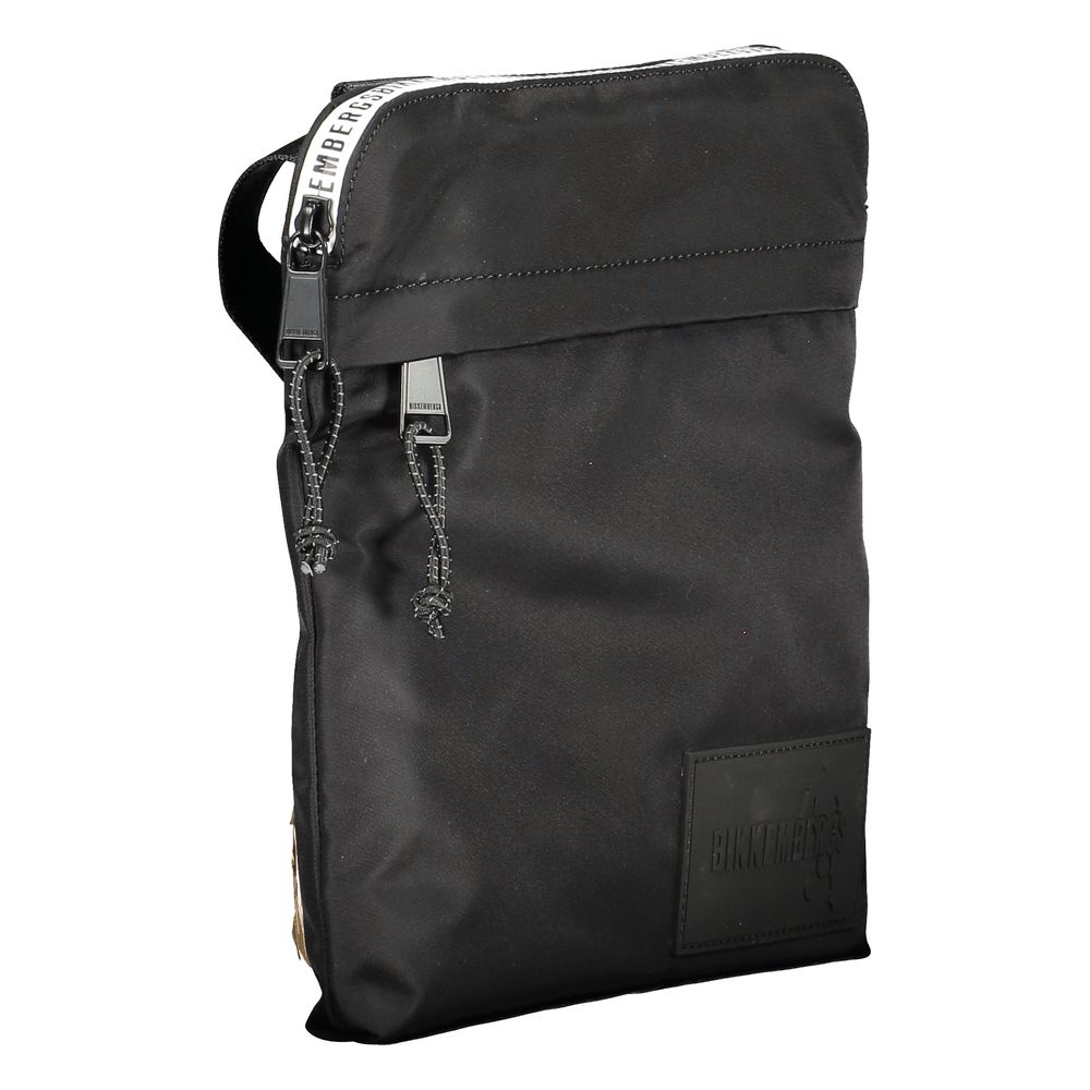 Bikkembergs Black Nylon Shoulder Bag with adjustable strap, external and internal pockets, contrasting details, and logo zip closure.