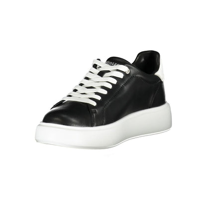 Blauer Black Leather Women Sneaker with white details and rhinestone embellishments, featuring a removable insole for customizable comfort.