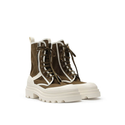 Bottega Veneta Green Cotton Lace-Up Boots with white rubber outsole and side zip, showcasing a trek-inspired design.