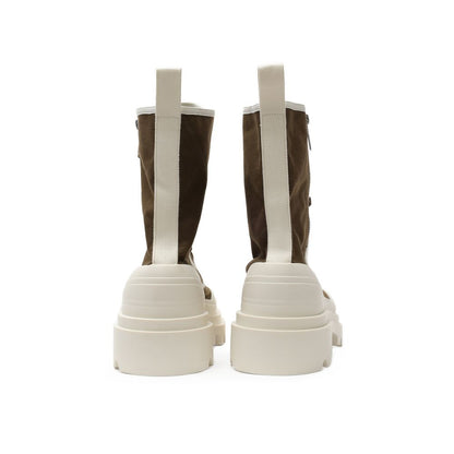 Rear view of Bottega Veneta Green Cotton Lace-Up Boots showcasing contrasting white fabric trim and maxi rubber outsole.