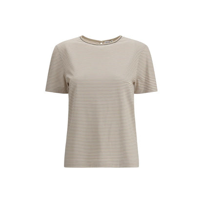 Brunello Cucinelli Beige Cotton T-Shirt with crew neck and striped design, featuring back buttoned drop opening, 100% cotton.