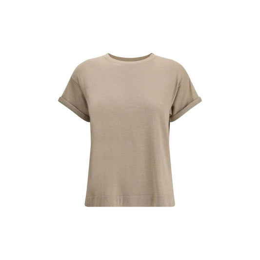 Brunello Cucinelli Beige Nylon T-Shirt with ribbed crew neck, luxury cashmere blend, glitter effect, and monochrome design for AW25 season.