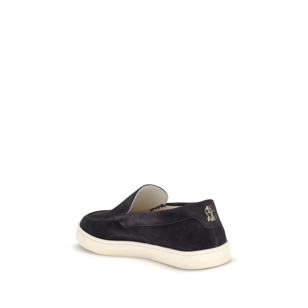 Brunello Cucinelli Black Calf Leather Bos Taurus Sneakers featuring suede design and logo-embossed insole, side view.
