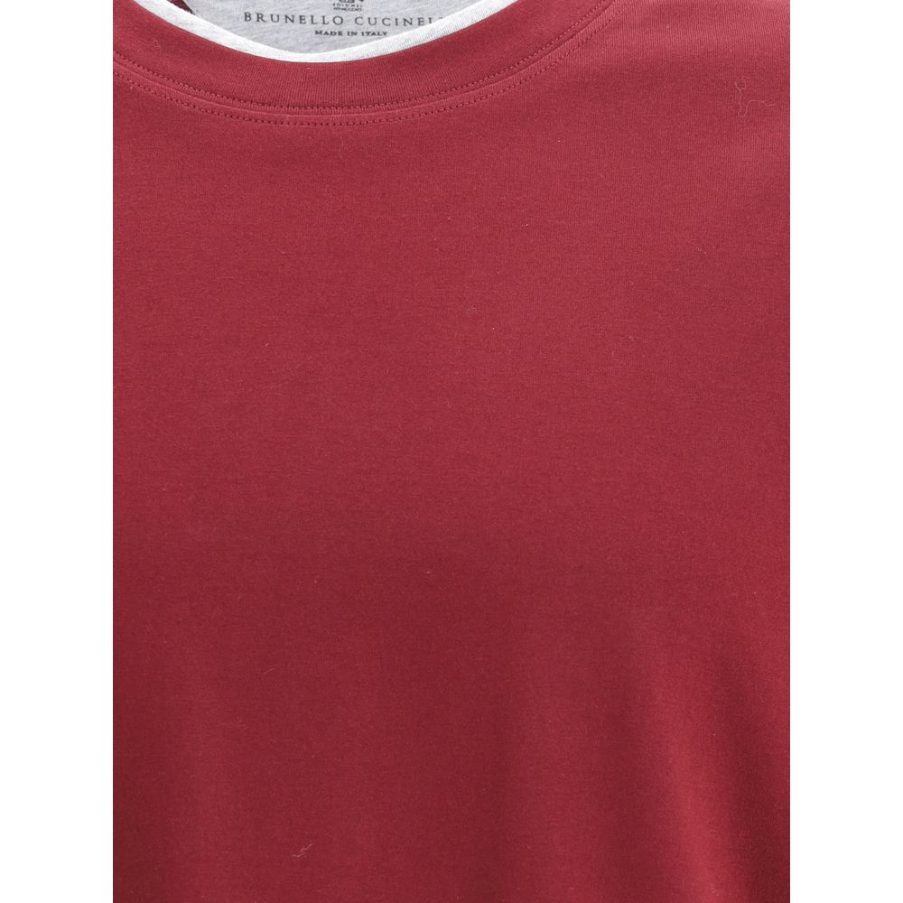 Brunello Cucinelli Bordeaux Cotton T-Shirt with two-tone hems, elegant monochrome pattern, refined design for AW25 season.