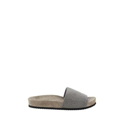 Brunello Cucinelli Brown Calf Leather Bos Taurus Sandals with flat sole and jeweled wide band.