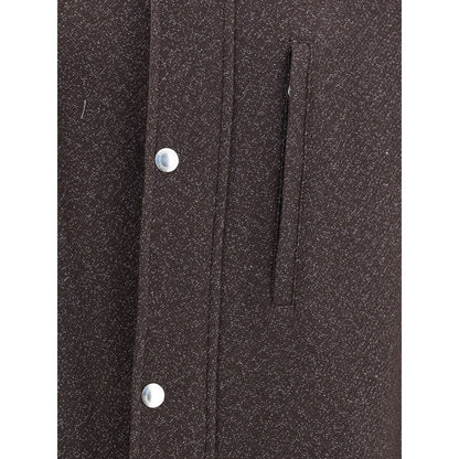 Detailed view of the Brunello Cucinelli Brown Cashmere Coat with zip closure and snap buttons, showcasing refined fabric texture and design.