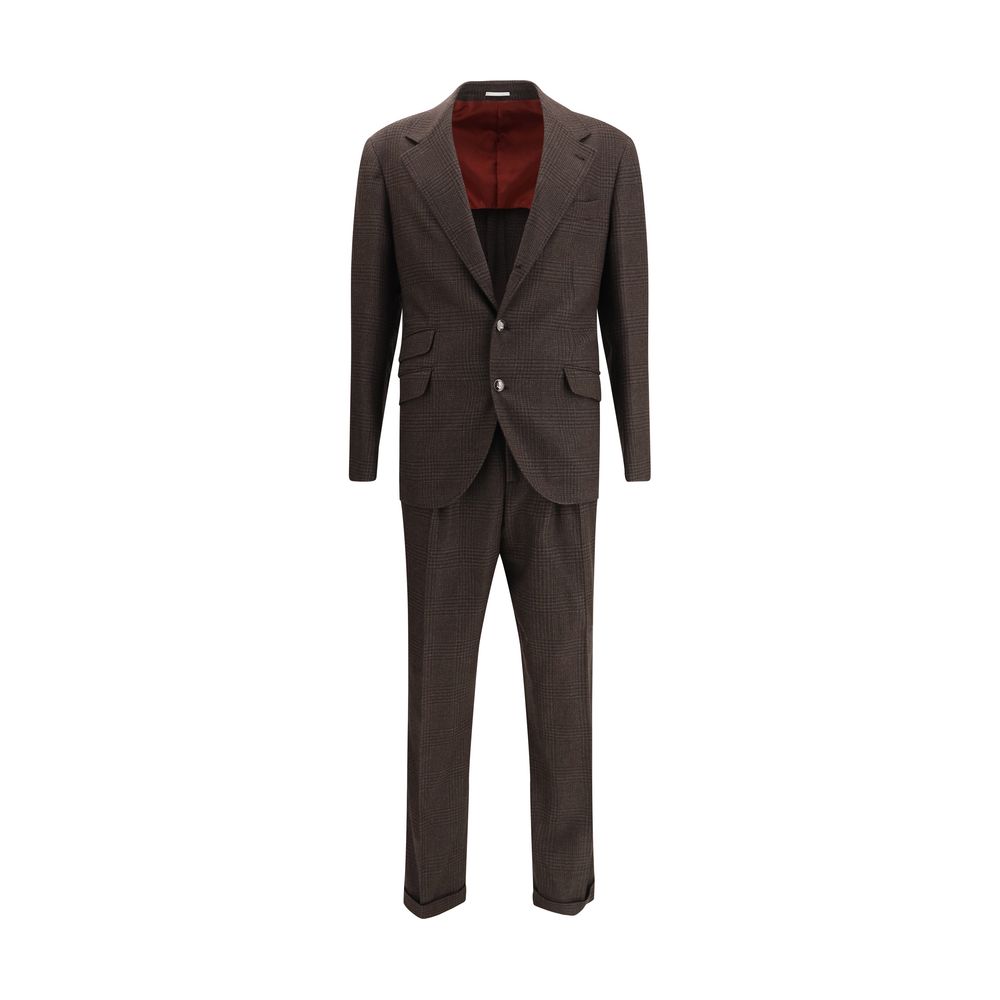 Brunello Cucinelli Brown Wool Two-Piece Suit with Prince of Wales pattern and metal buttons, showcasing elegant menswear design.