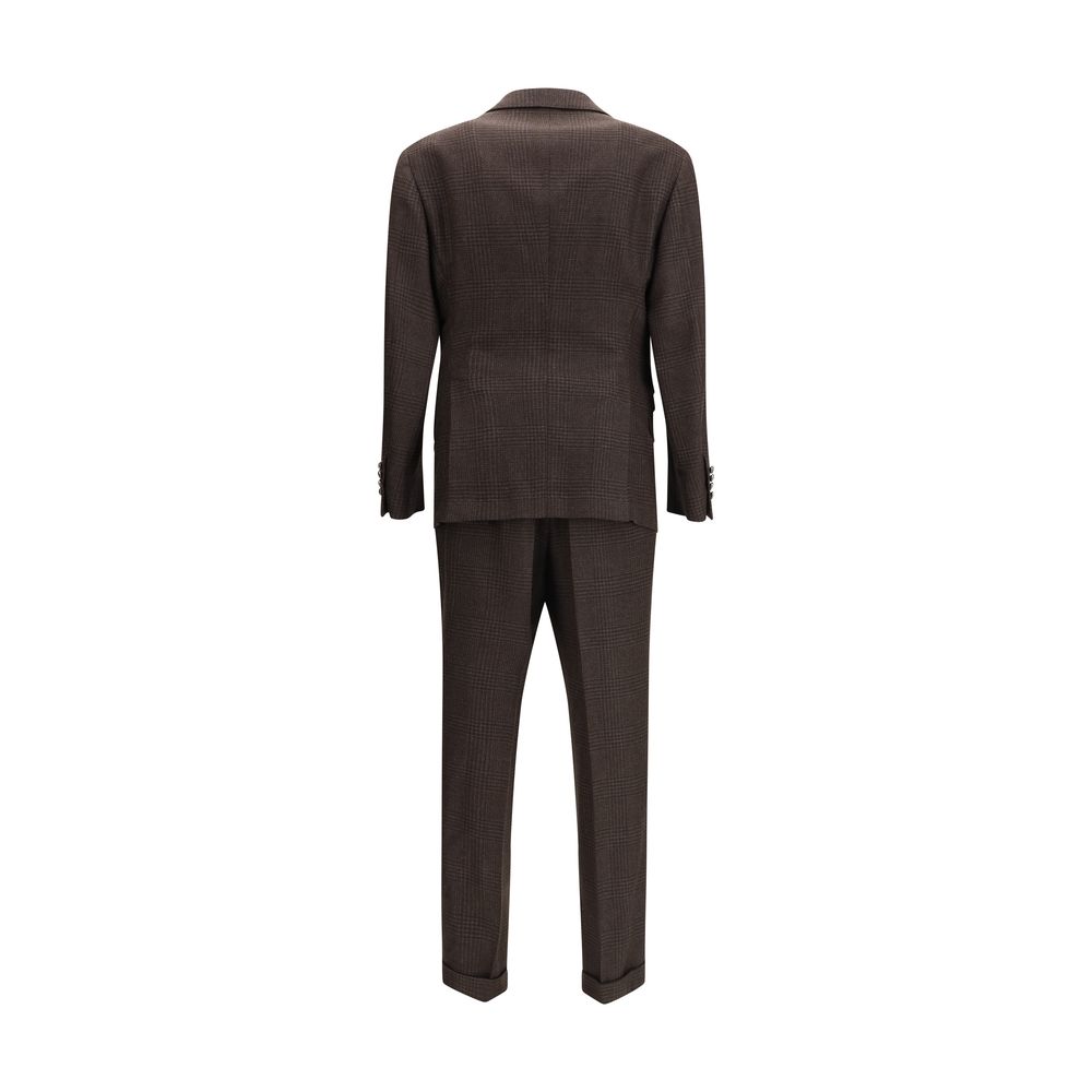 Back view of Brunello Cucinelli Brown Wool Two-Piece Suit with tonal Prince of Wales pattern for men, showcasing elegant tailoring.