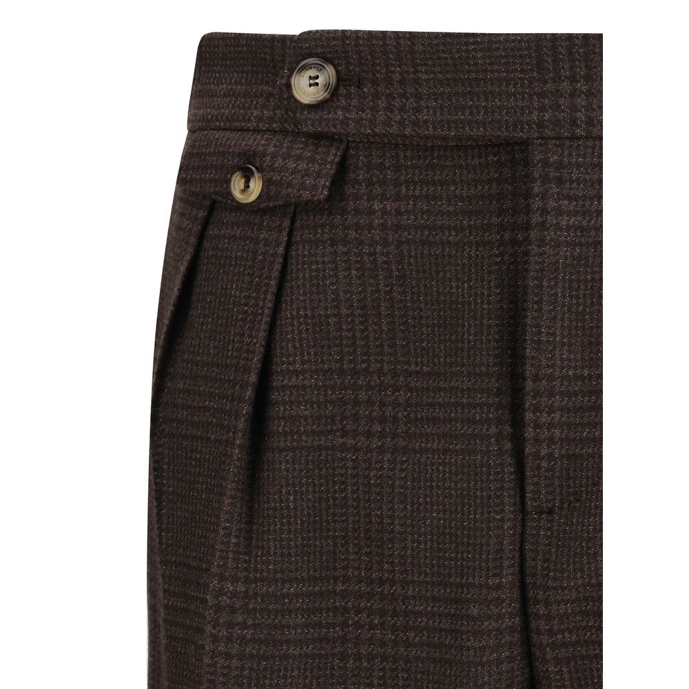 Close-up of Brunello Cucinelli Brown Wool Two-Piece Suit trousers with Prince of Wales pattern and button detail.