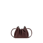 Brunello Cucinelli Bucket Mellow mini Shoulder Bag in brown leather with shiny jewelry strap and drawstring closure.