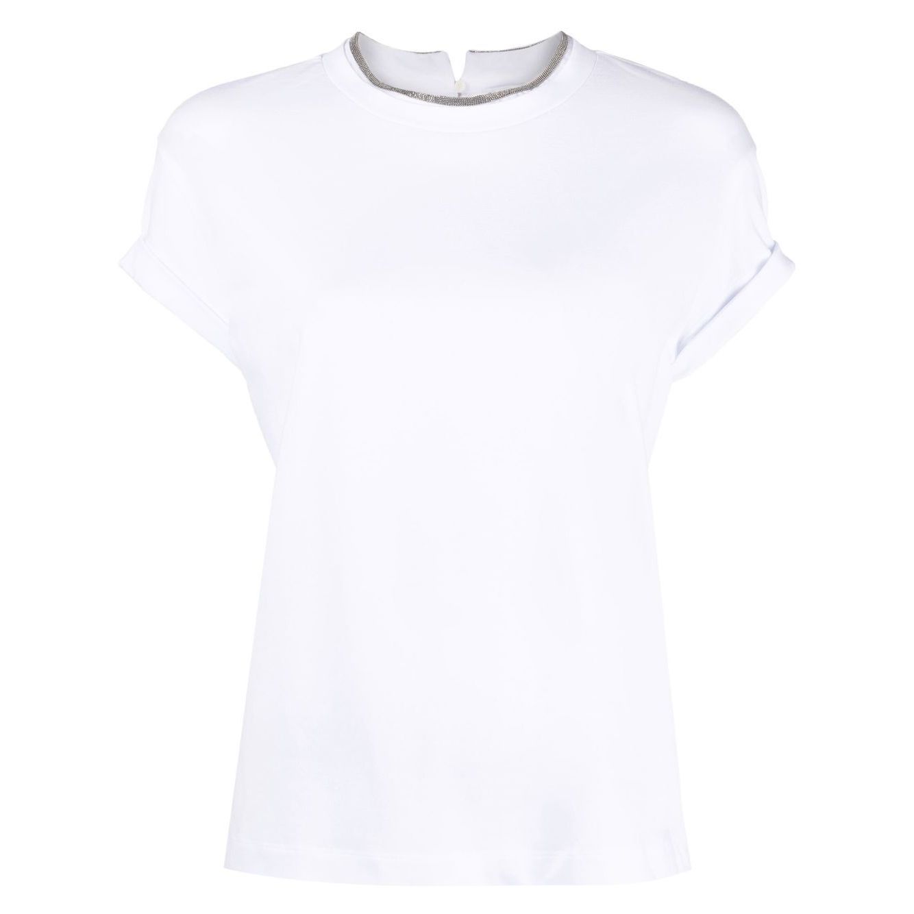 Brunello Cucinelli Chain-trim round-neck t-shirt, white stretch-cotton, short sleeves, chain-link detail, luxury fashion top.