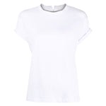 Brunello Cucinelli Chain-trim round-neck t-shirt, white stretch-cotton, short sleeves, chain-link detail, luxury fashion top.