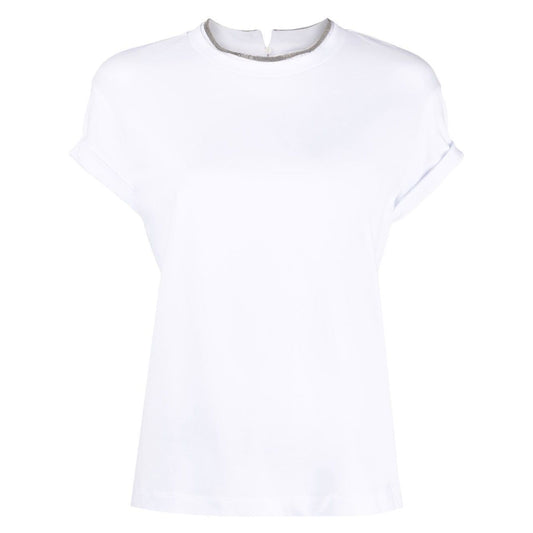 Brunello Cucinelli Chain-trim round-neck t-shirt, white stretch-cotton, short sleeves, chain-link detail, luxury fashion top.
