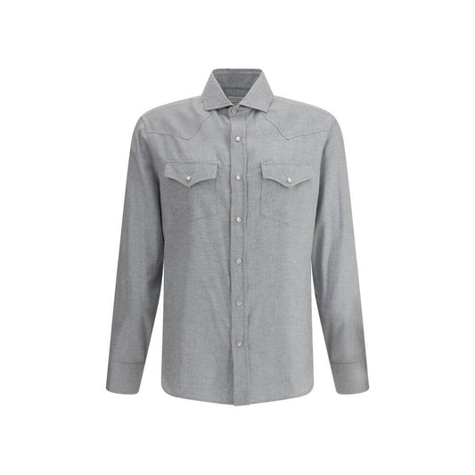 Brunello Cucinelli Gray Cotton Pattern Shirt with classic collar and patch flap pockets, featuring snap-button closure and adjustable cuffs.