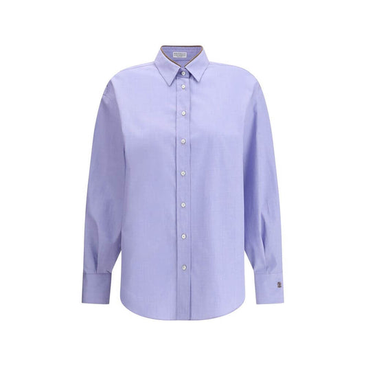Brunello Cucinelli Light Blue Cotton Dress Shirt with classic collar and jeweled pocket, AW25 regular fit.