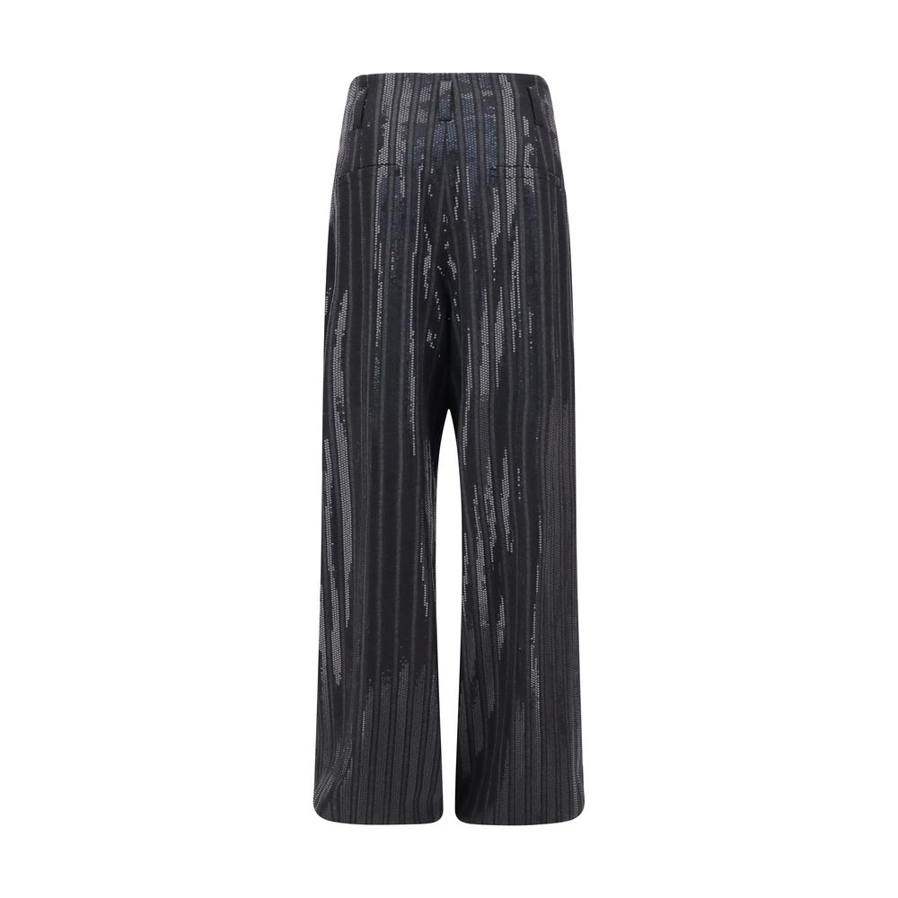 Brunello Cucinelli Pants with sequins featuring striped pattern, front zipper, and hook-and-eye closure, made in Italy.