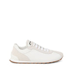Brunello Cucinelli Suede and calfskin runners with monili featuring flat rubber sole and white lace-up design.