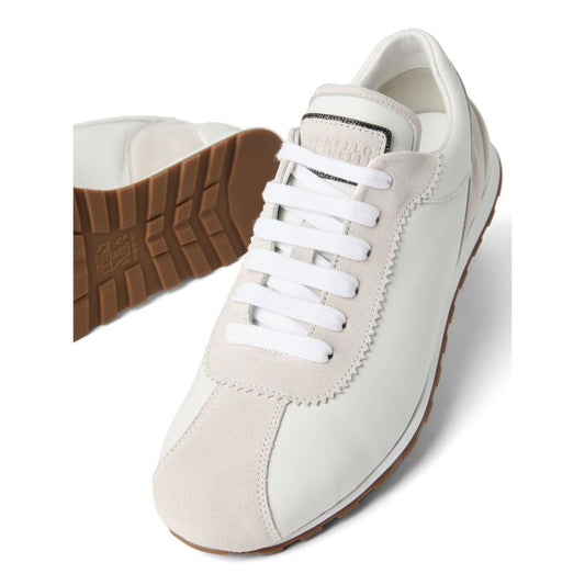 Brunello Cucinelli Suede and calfskin runners with monili featuring white lace-up, rubber sole, and embossed logo.
