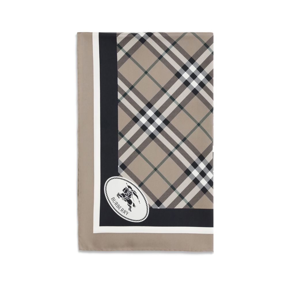 Burberry Beige Silk Scarf with Archive Check and Equestrian Knight logo, 100% silk. Elegant and sophisticated accessory for any look.