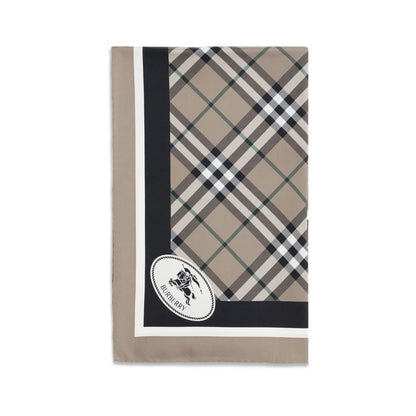 Burberry Beige Silk Scarf with Archive Check and Equestrian Knight logo, 100% silk. Elegant and sophisticated accessory for any look.