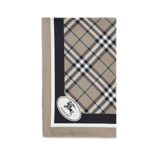 Burberry Beige Silk Scarf with Archive Check and Equestrian Knight logo, 100% silk. Elegant and sophisticated accessory for any look.