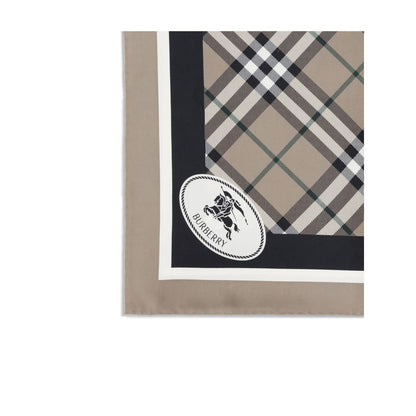 Burberry Beige Silk Scarf with Archive Check pattern and Equestrian Knight logo, 100% silk, adds elegance and British identity.
