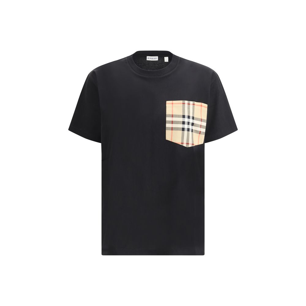 Burberry Black Cotton T-Shirt with Archive Check pocket and ribbed crew neck, featuring a modern monochrome pattern. AW25 collection.