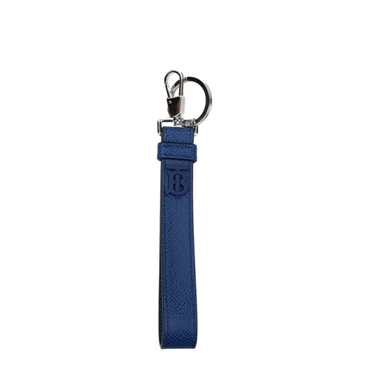 Burberry Blue Leather Keychain featuring front logo, casual style, and clips closure, made from blue leather. Measures 2x13.5 cm.